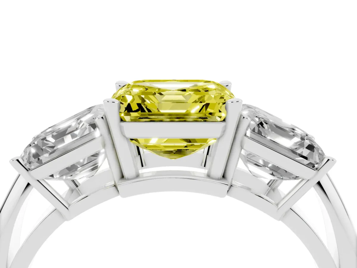 Fancy Yellow Three-Stone Asscher Cut Cut Diamond Engagement Ring with Prong Setting on a White Gold Band Silver