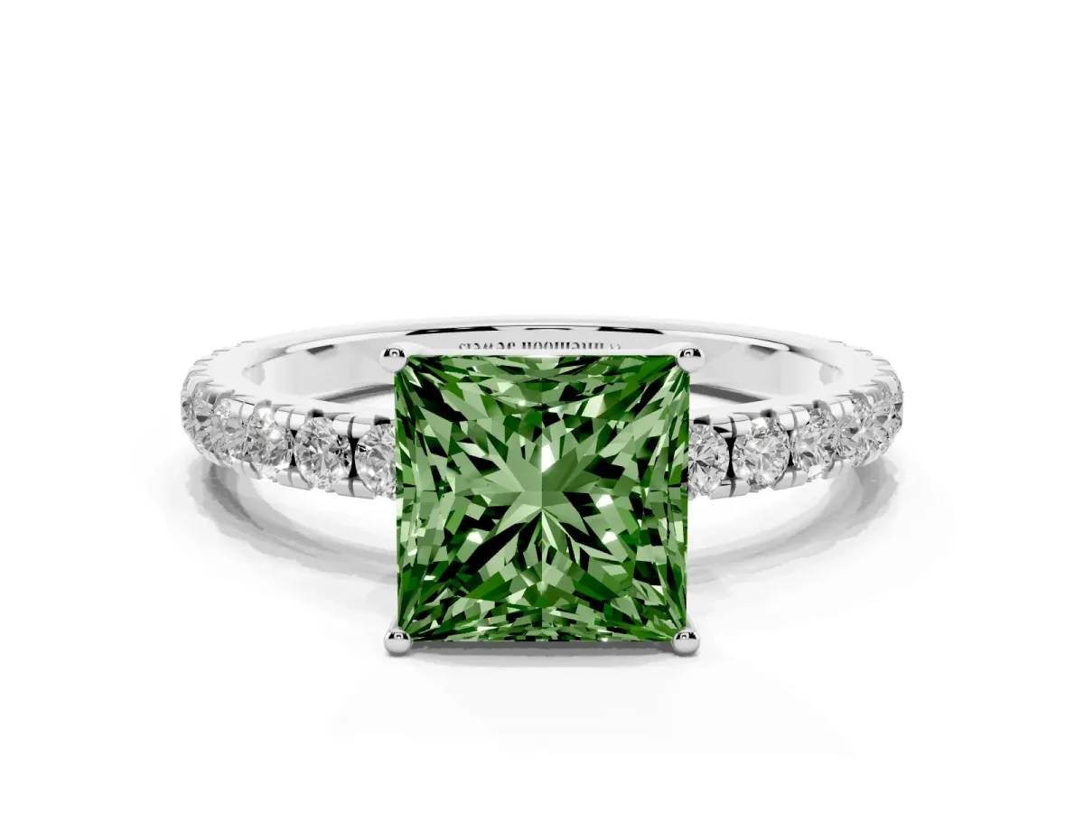 Fancy Green Princess Cut Diamond Pavé Solitaire Engagement Ring with Four-Prong Setting Silver
