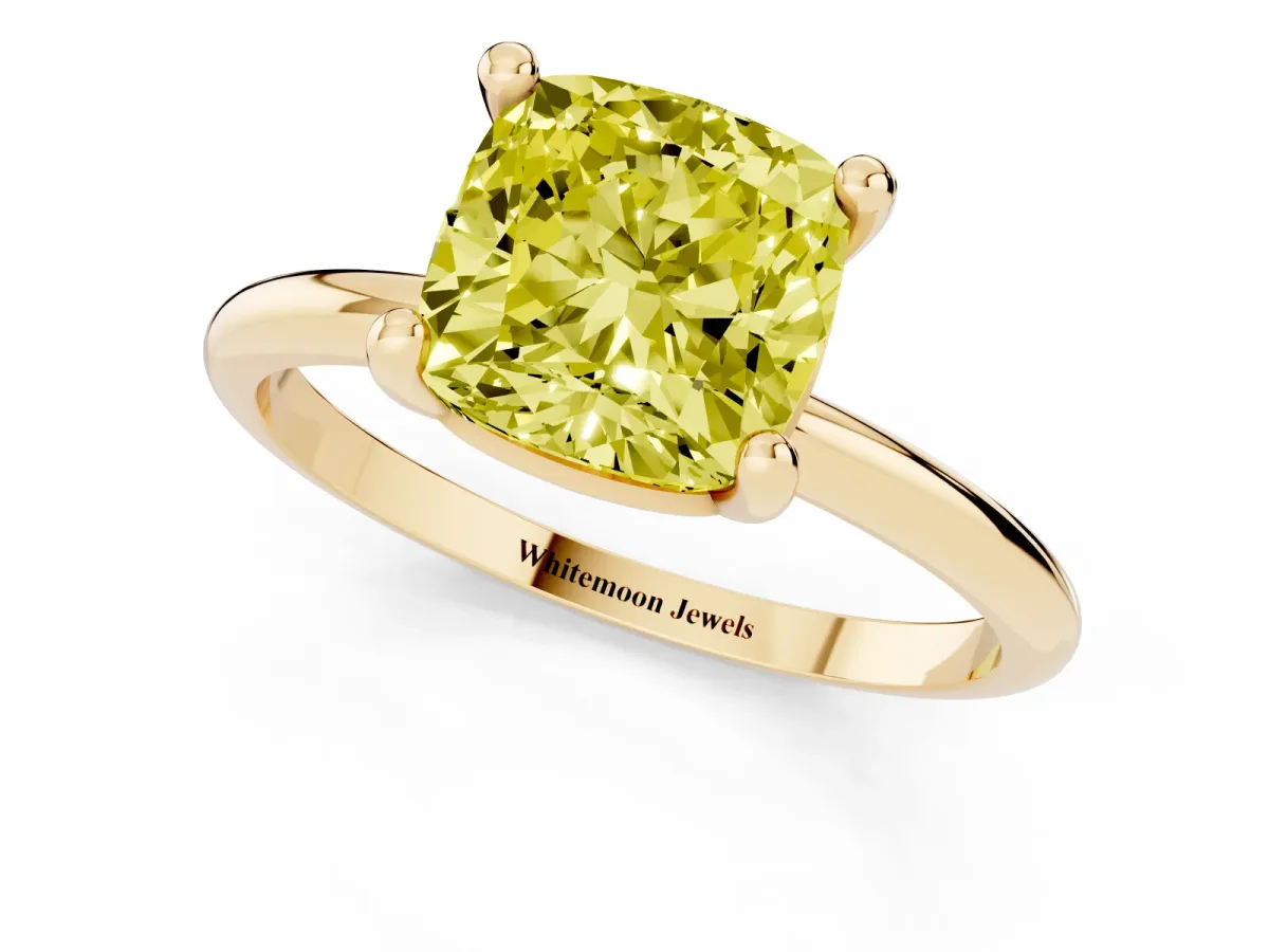 Fancy Yellow Cushion Cut Solitaire Diamond Ring with 4-Prong Setting on a Classic Band Yellow gold