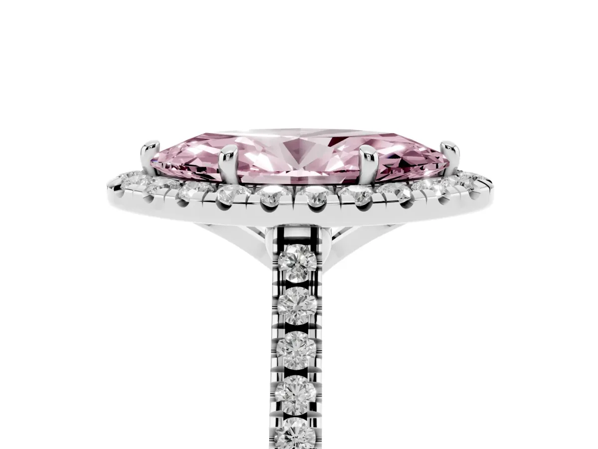 Fancy Pink Marquise Cut Diamond Cushion Halo Ring with Pavé Band White gold