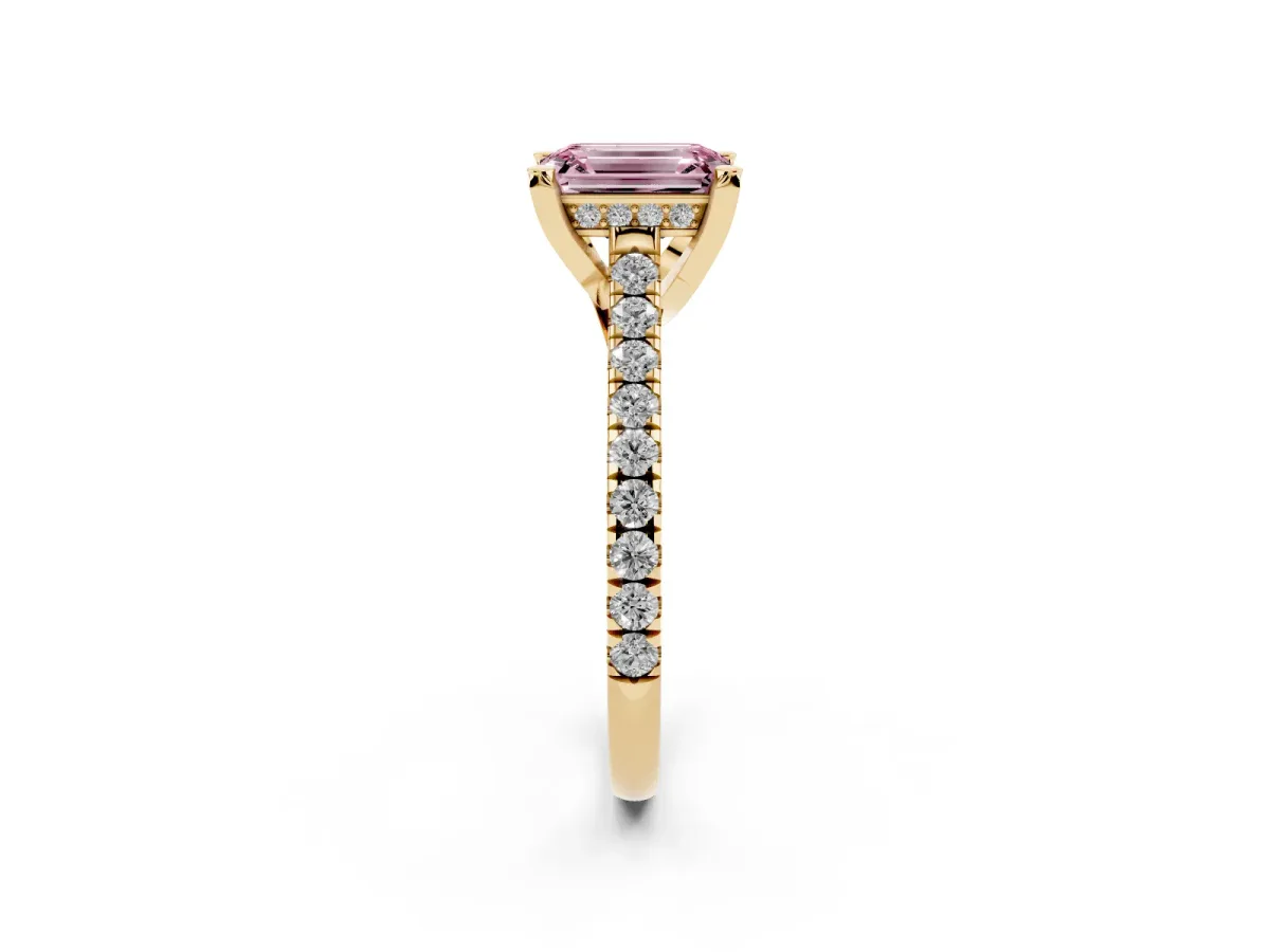 Fancy Pink Emerald Cut Brilliant Diamond Solitaire with Pavé Band and Four-Prong Setting Yellow gold