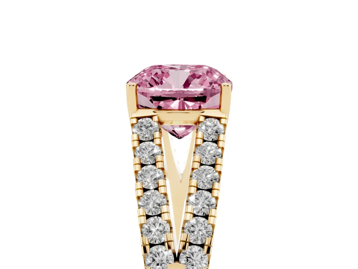 Fancy Pink Cushion Cut Diamond Split Shank Pavé Engagement Ring with Four-Prong Setting Yellow gold