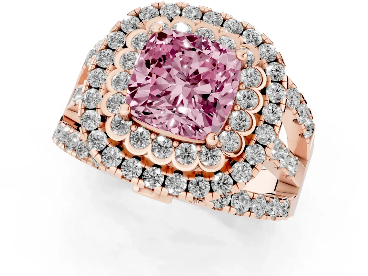 Fancy Pink Cushion Cut Diamond Double Halo Ring with Round Pavé Split Shank and Prong Setting Rose gold