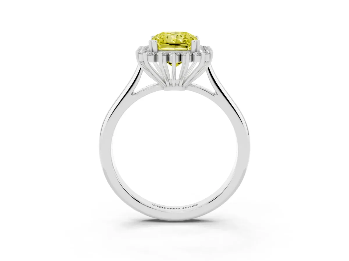 Fancy Yellow Radiant Cut Cut Diamond Halo Ring with Solitaire Band and Prong Setting White gold