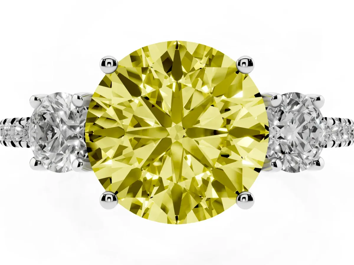 Fancy Yellow Three-Stone Round Cut Cut Diamond Pavé Band with Prong Setting Platinum