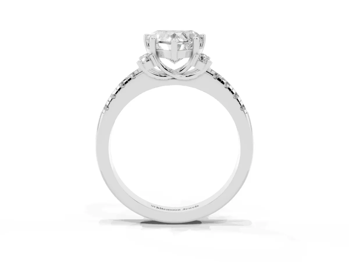Heart Cut Diamond Three-Stone Pave Band with Four-Prong Setting Silver