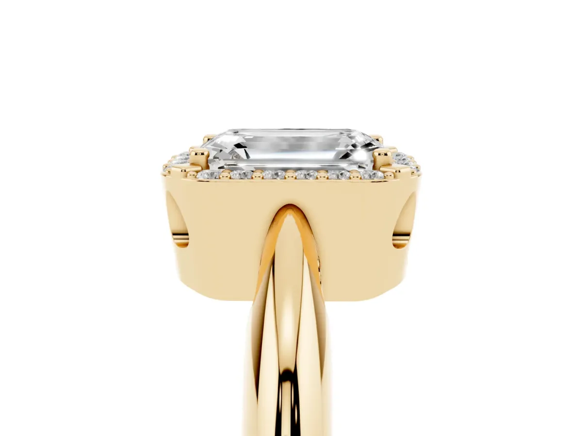 Emerald Cut Cut Diamond Halo Engagement Ring with Split Shank and Four-Prong Setting Yellow gold