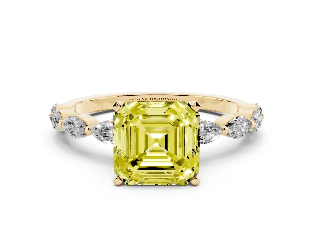 Fancy Yellow Asscher Cut Diamond Ring with Marquise Side Stones and Prong Setting Yellow gold