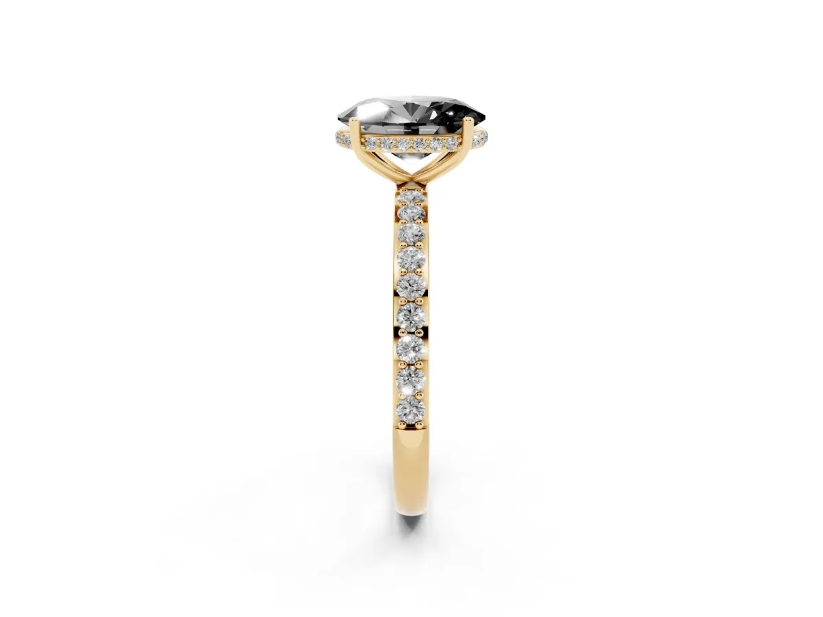 Fancy Black Oval Cut Diamond Solitaire Ring with Pavé Band and Hidden Halo Yellow gold