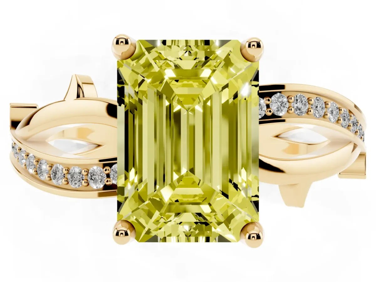 Fancy Yellow Emerald Cut Solitaire Twist Band with Pavé Accents and Four-Prong Setting Yellow gold