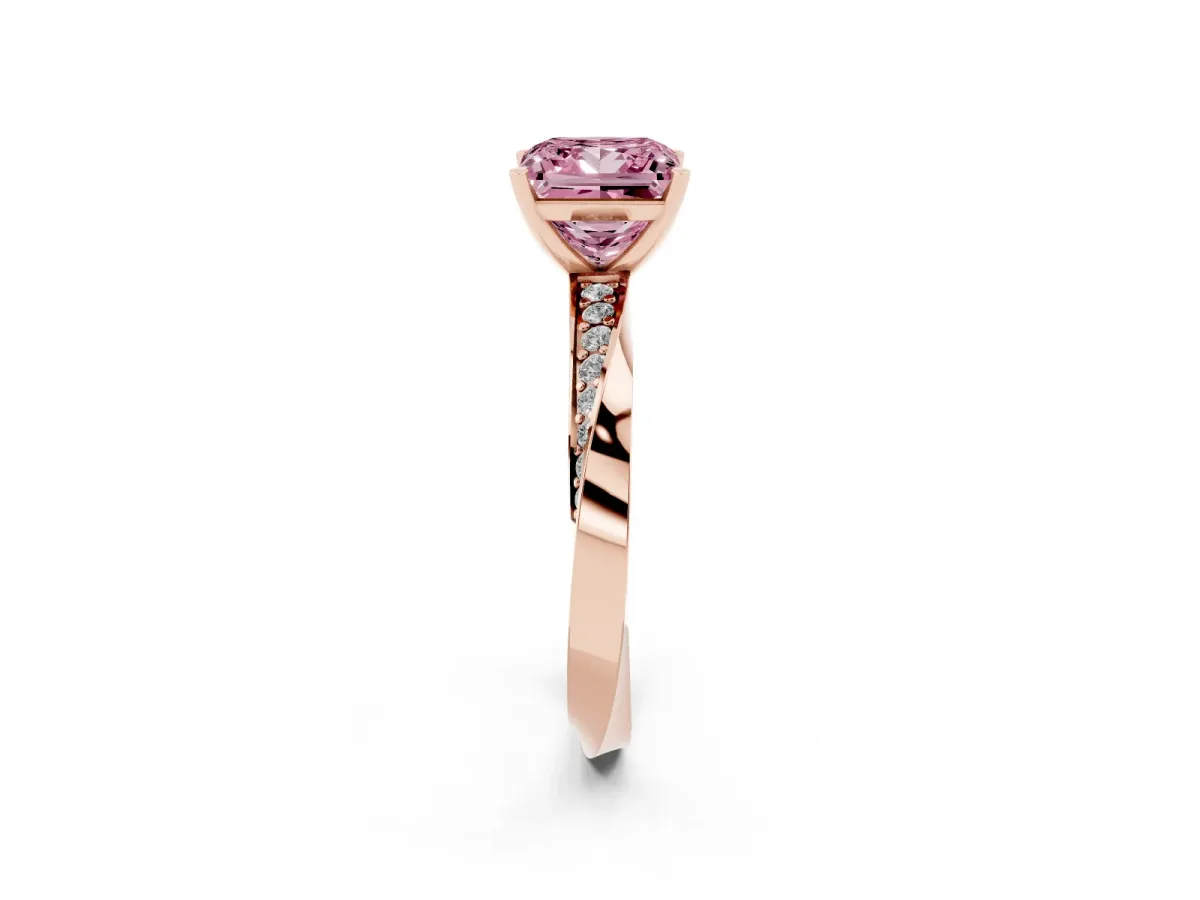 Fancy Pink Princess Cut Diamond Engagement Ring with Side Stone Accents and Four-Prong Setting Rose gold