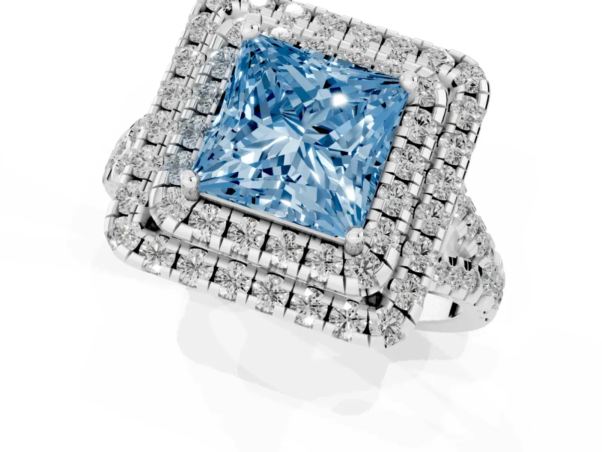 Fancy Blue Double Halo Princess Cut Diamond Pavé Split Shank Ring with Prong Setting Platinum