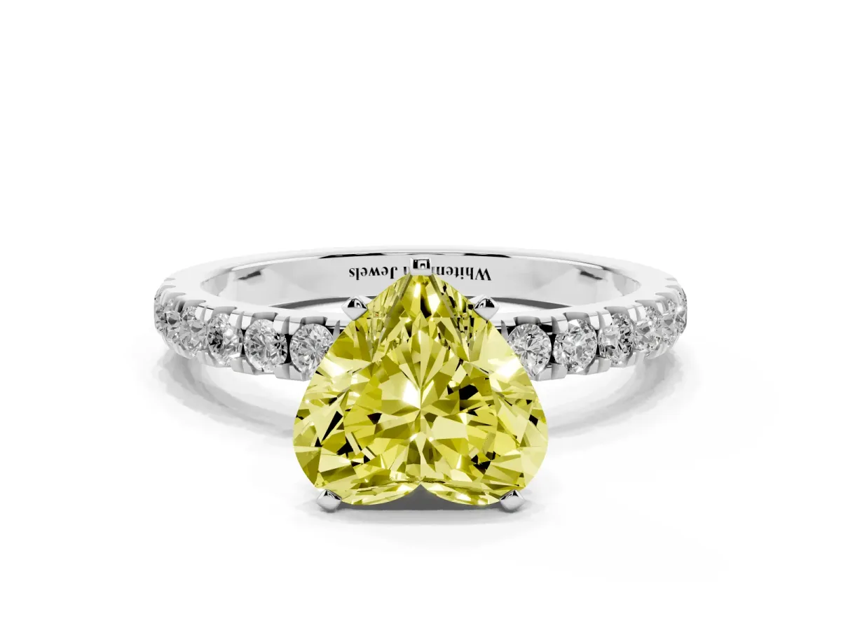Fancy Yellow Heart Cut Diamond Solitaire Ring with Pavé Accents and Four-Prong Setting Platinum