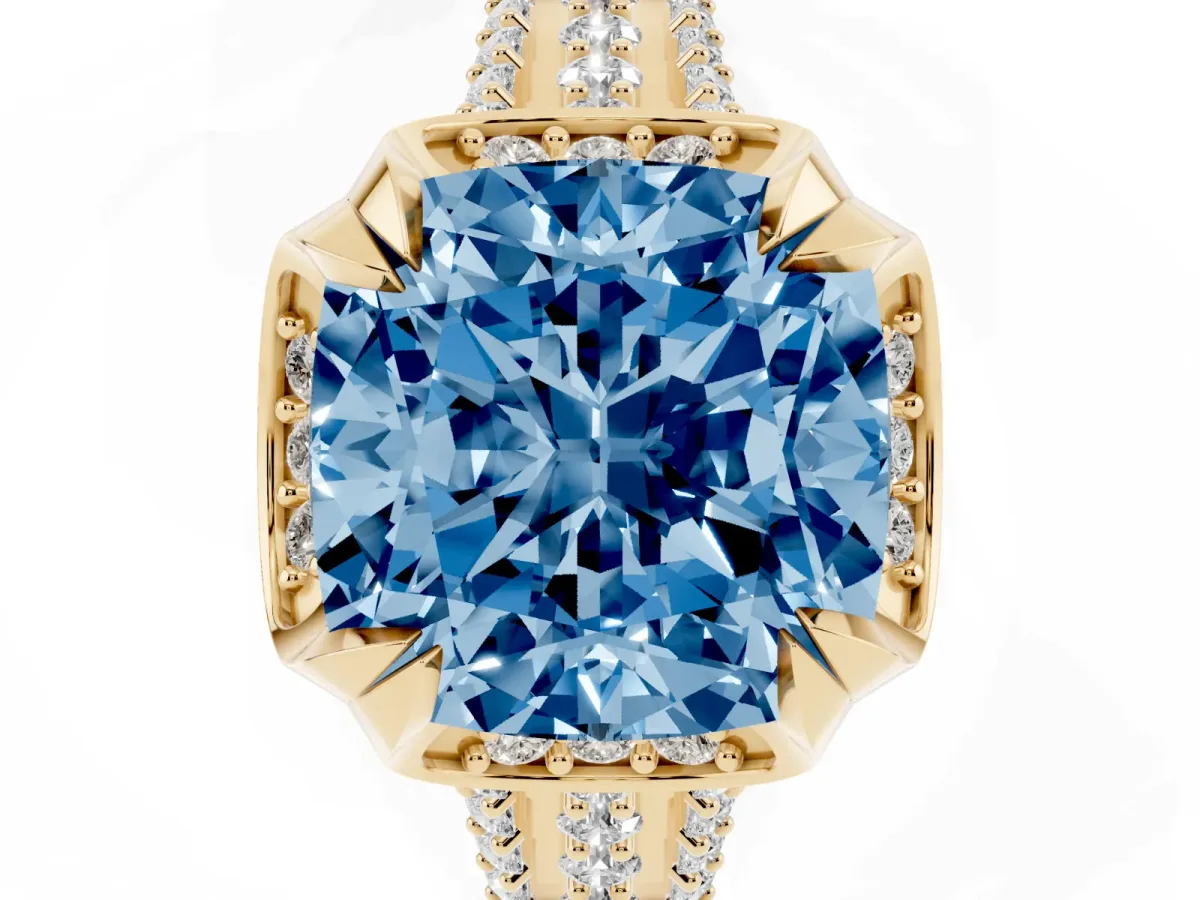 Fancy Blue Cushion Cut Solitaire Pave Split Shank Ring with Four-Prong Setting Yellow gold