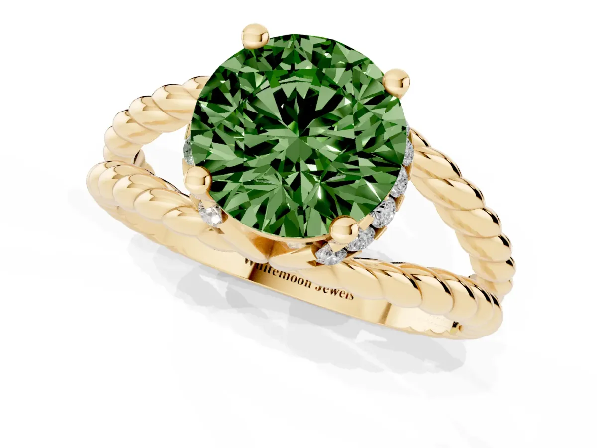 Fancy Green Round Cut Halo Twisted Band Four-Prong Ring Yellow gold