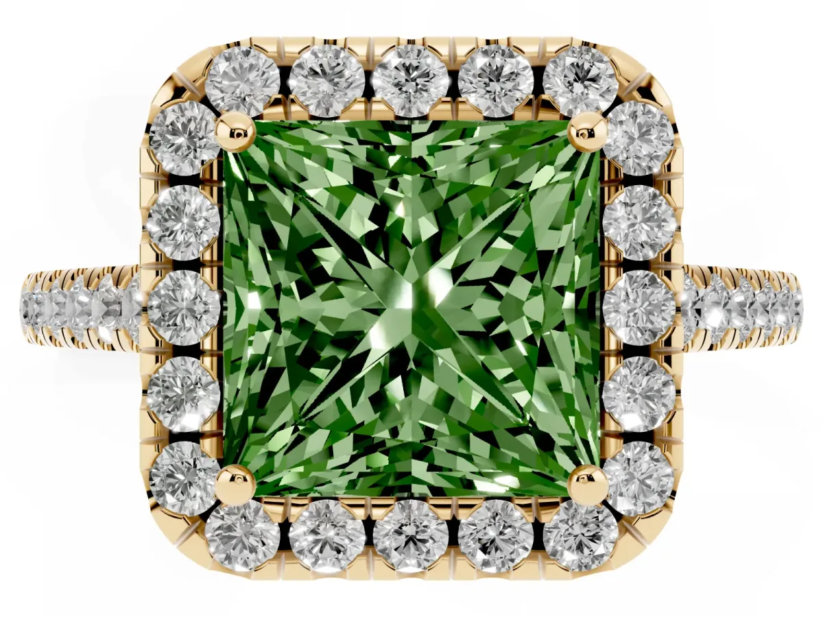 Fancy Green Princess Cut Halo Pavé Diamond Engagement Ring with Four-Prong Setting Yellow gold