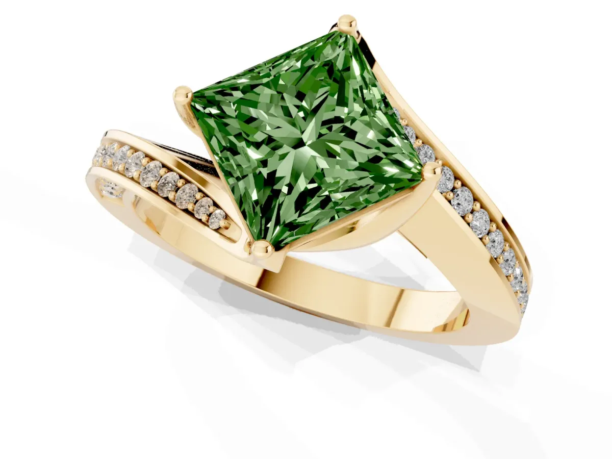 Fancy Green Princess Cut Solitaire Diamond Twist Band with Pavé Setting and Four-Prong Setting Yellow gold