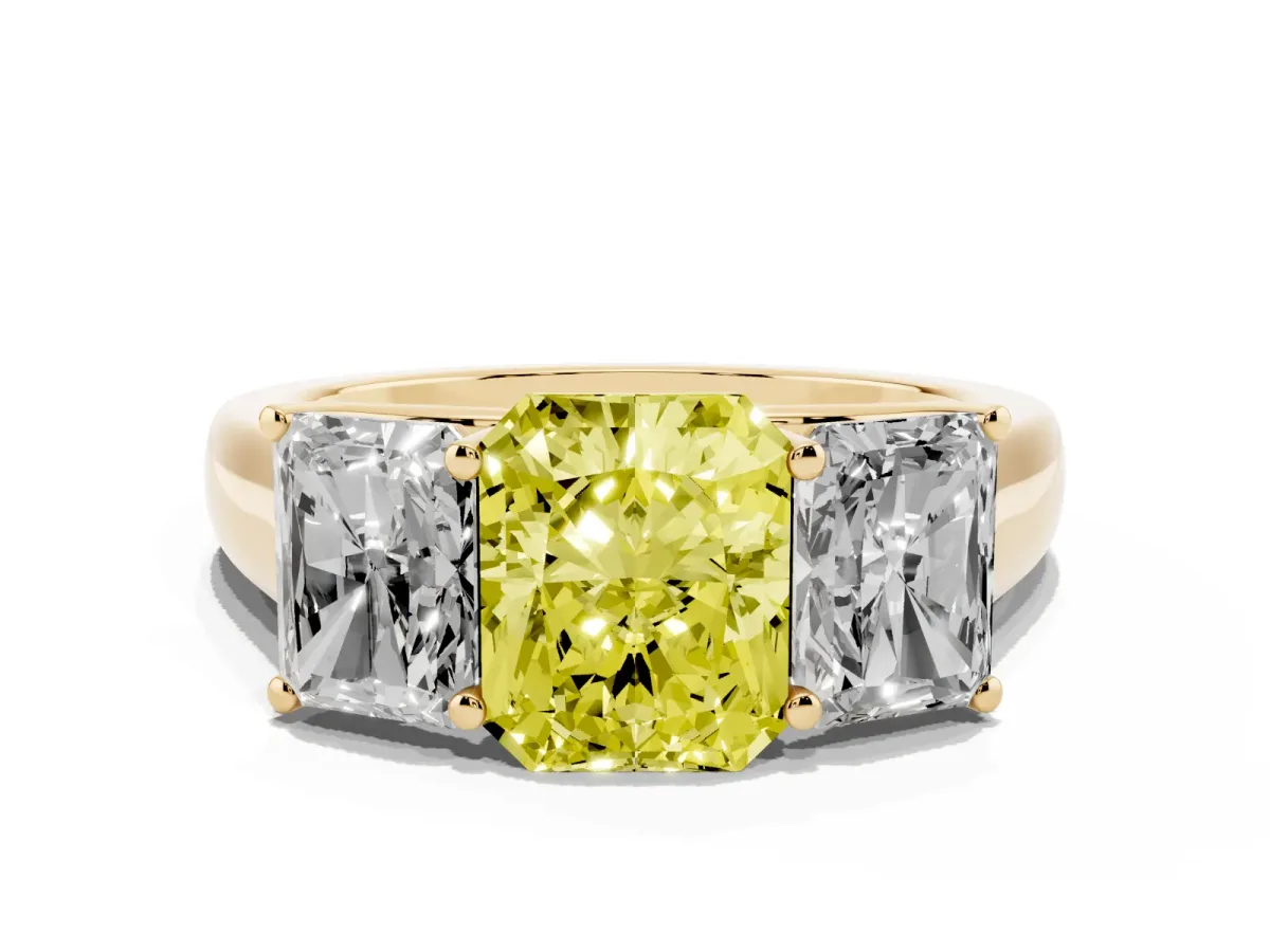 Fancy Yellow Radiant Cut Three-Stone Diamond Ring with Prong Setting on a Classic Band Yellow gold