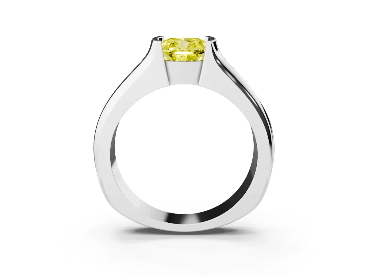 Fancy Yellow Cushion Cut Solitaire Bezel Set Diamond Ring with Wide Band Platinum