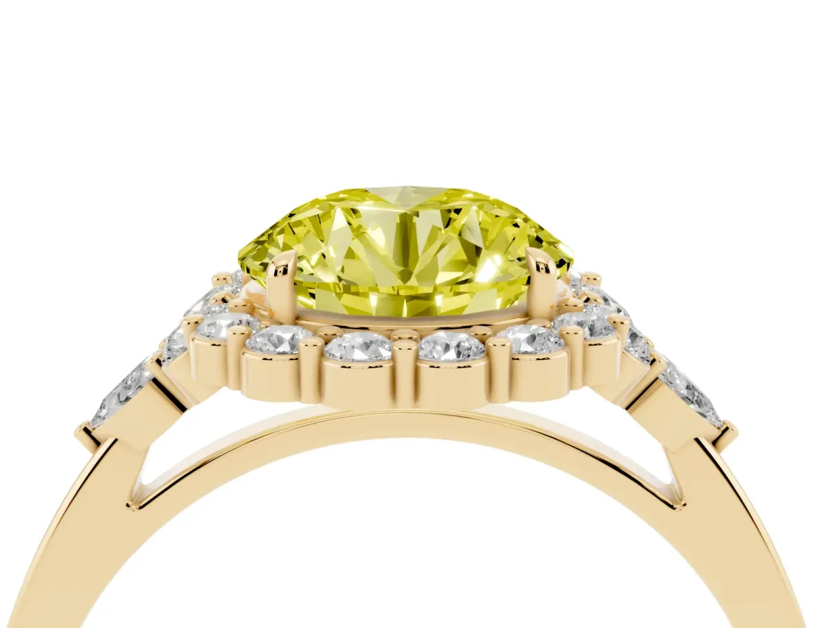 Fancy Yellow Round Cut Diamond Halo Ring with Pear Side Stones and Prong Setting Yellow gold