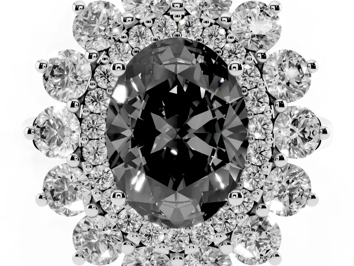 Fancy Black Oval Cut Diamond Floral Double Halo Engagement Ring with Prong Setting Platinum