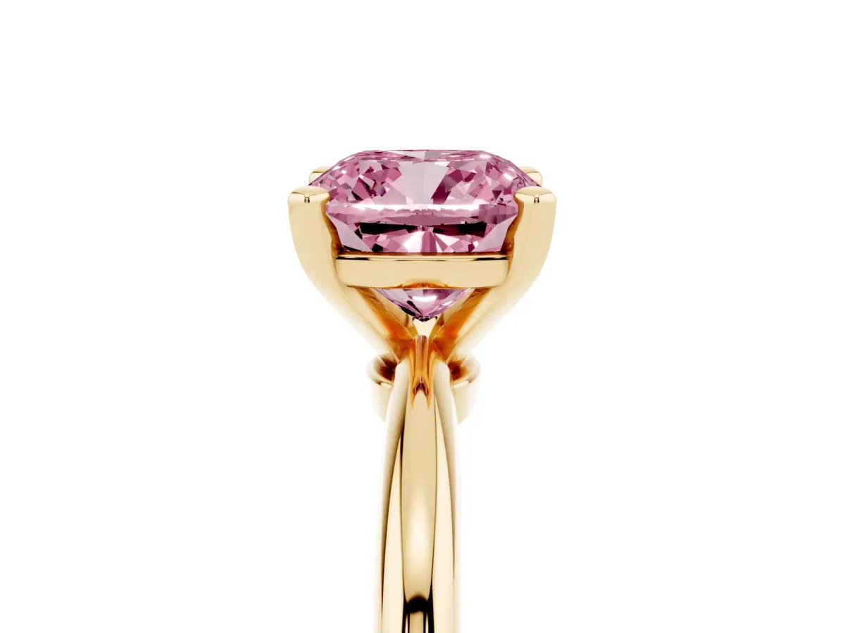 Fancy Pink Cushion Cut Diamond Solitaire Ring with Prong Setting and Classic Band Yellow gold