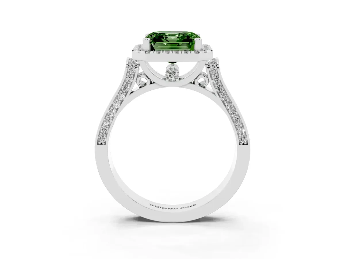 Fancy Green Asscher Cut Halo Pave Split Shank Prong Setting Ring White gold