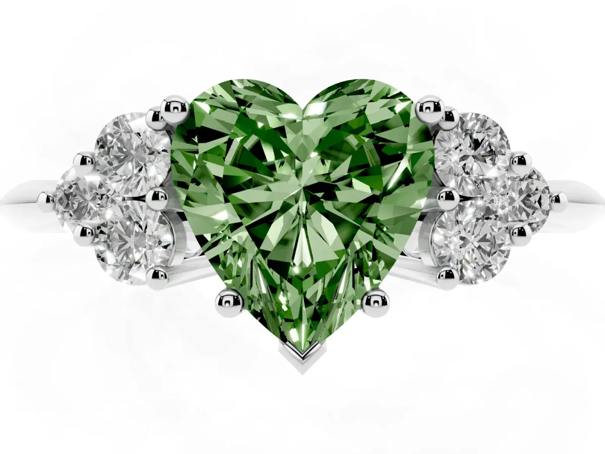 Fancy Green Heart Cut Cut Diamond Cluster Ring with Solitaire Band and Four-Prong Setting Silver