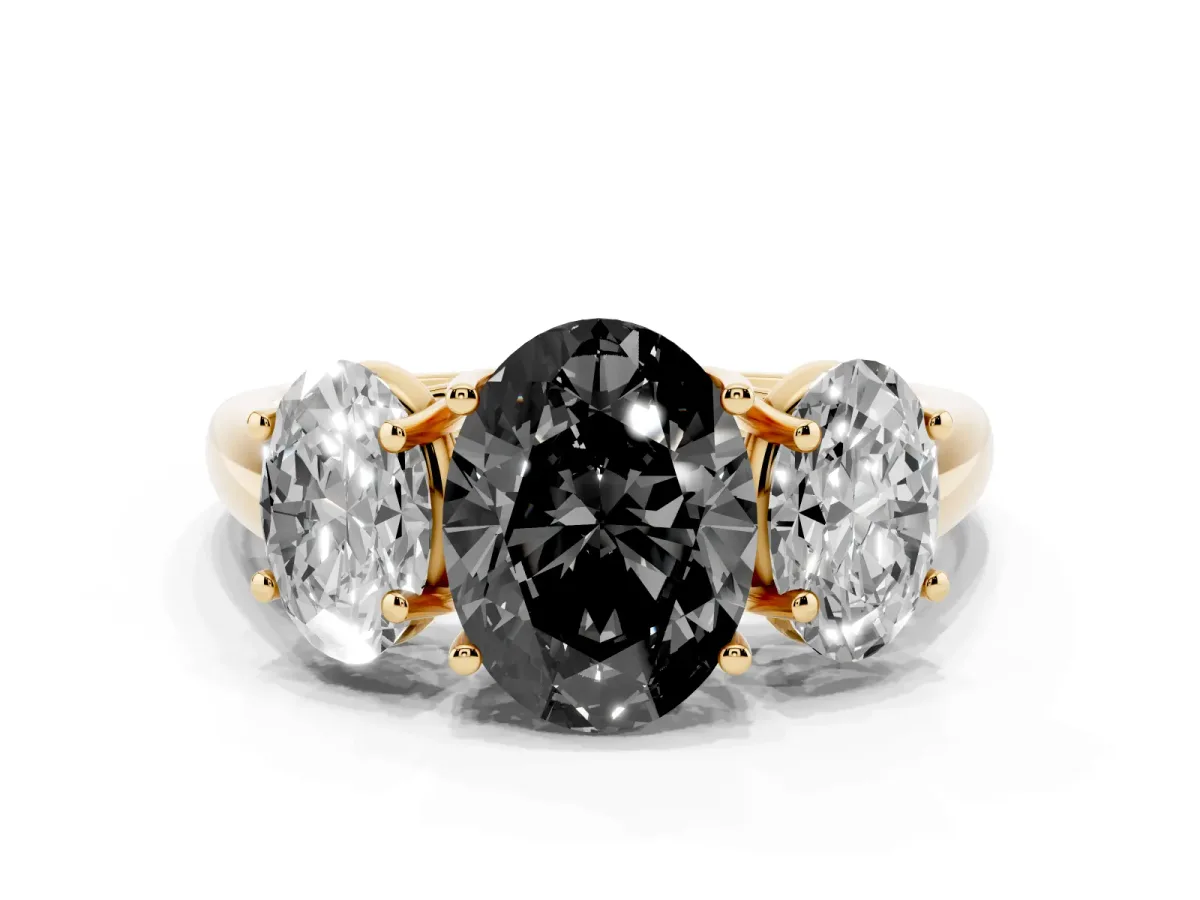 Fancy Black Three-Stone Oval Cut Diamond Engagement Ring with Prong Setting Yellow gold