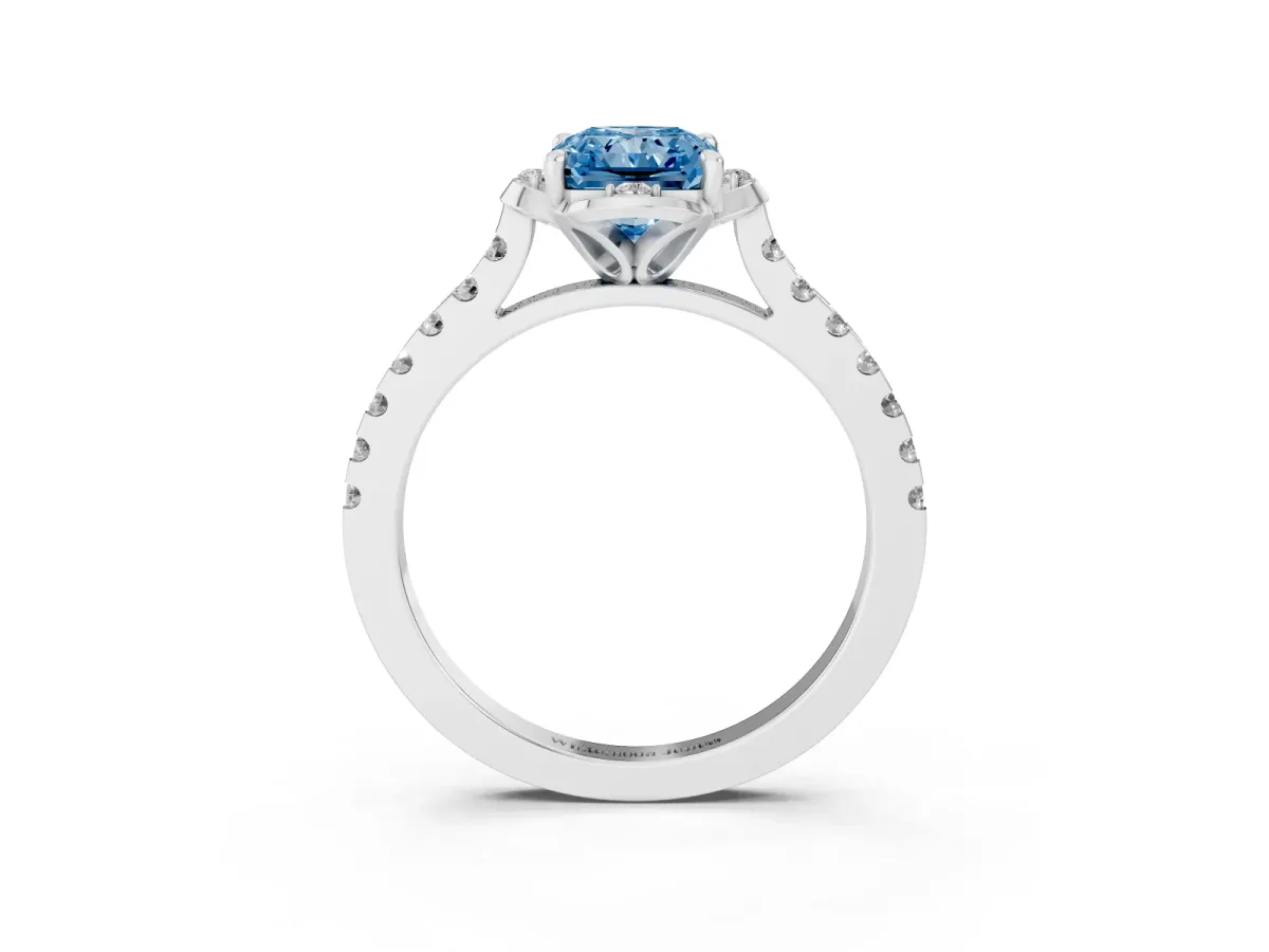Fancy Blue Radiant Cut Diamond Ring with Pavé Band and Floral Prong Setting White gold