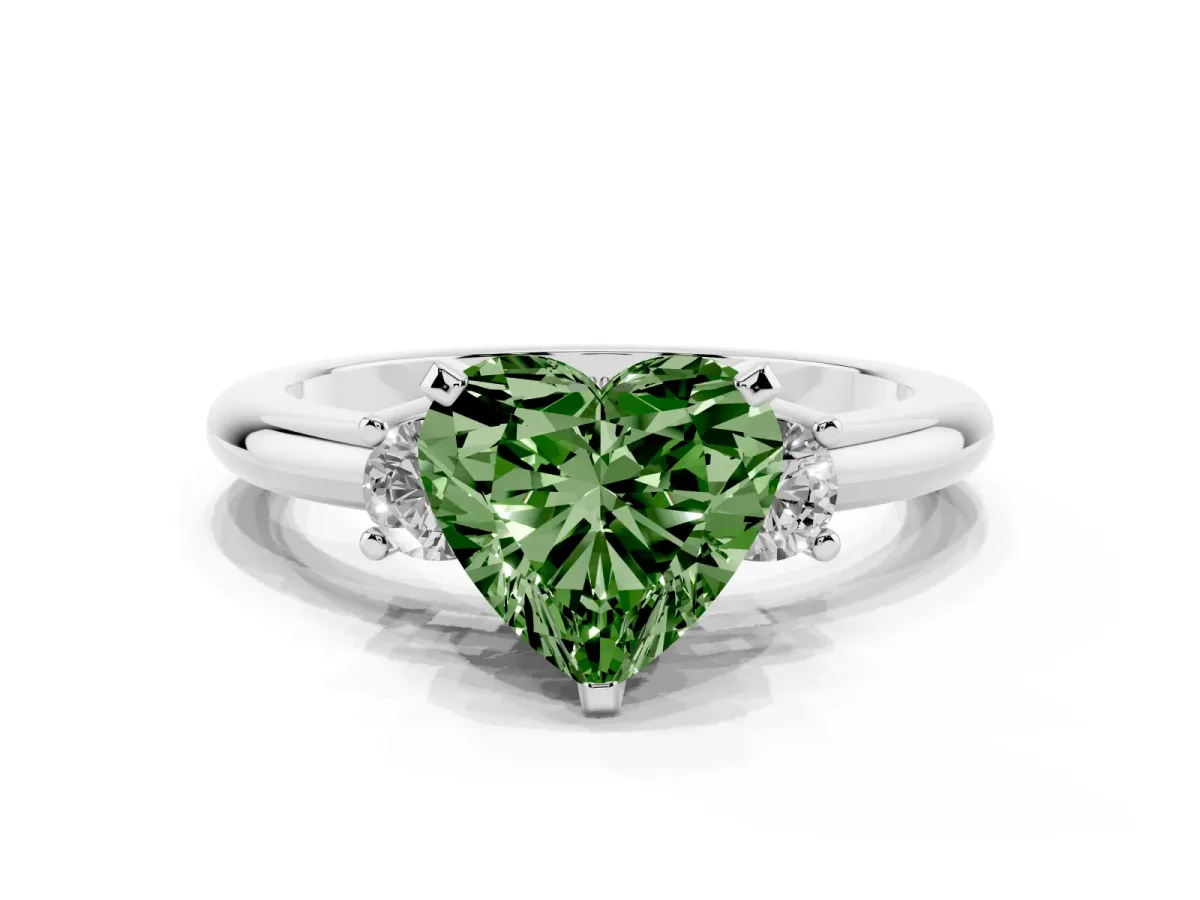 Fancy Green Three-Stone Heart Cut Cut Diamond Solitaire with Prong Setting and Classic Band White gold
