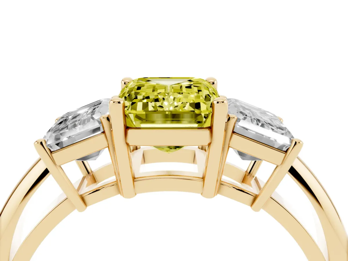 Fancy Yellow Three-Stone Emerald Cut Cut Diamond Engagement Ring with Prong Setting on a White Gold Band Yellow gold