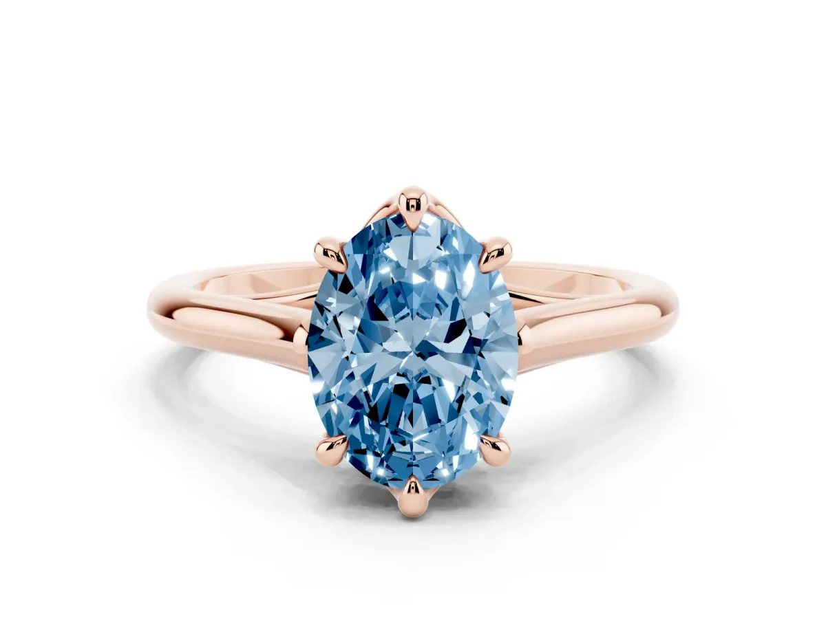 Fancy Blue Oval Cut Solitaire Engagement Ring with Six-Prong Setting and Classic Band Rose gold
