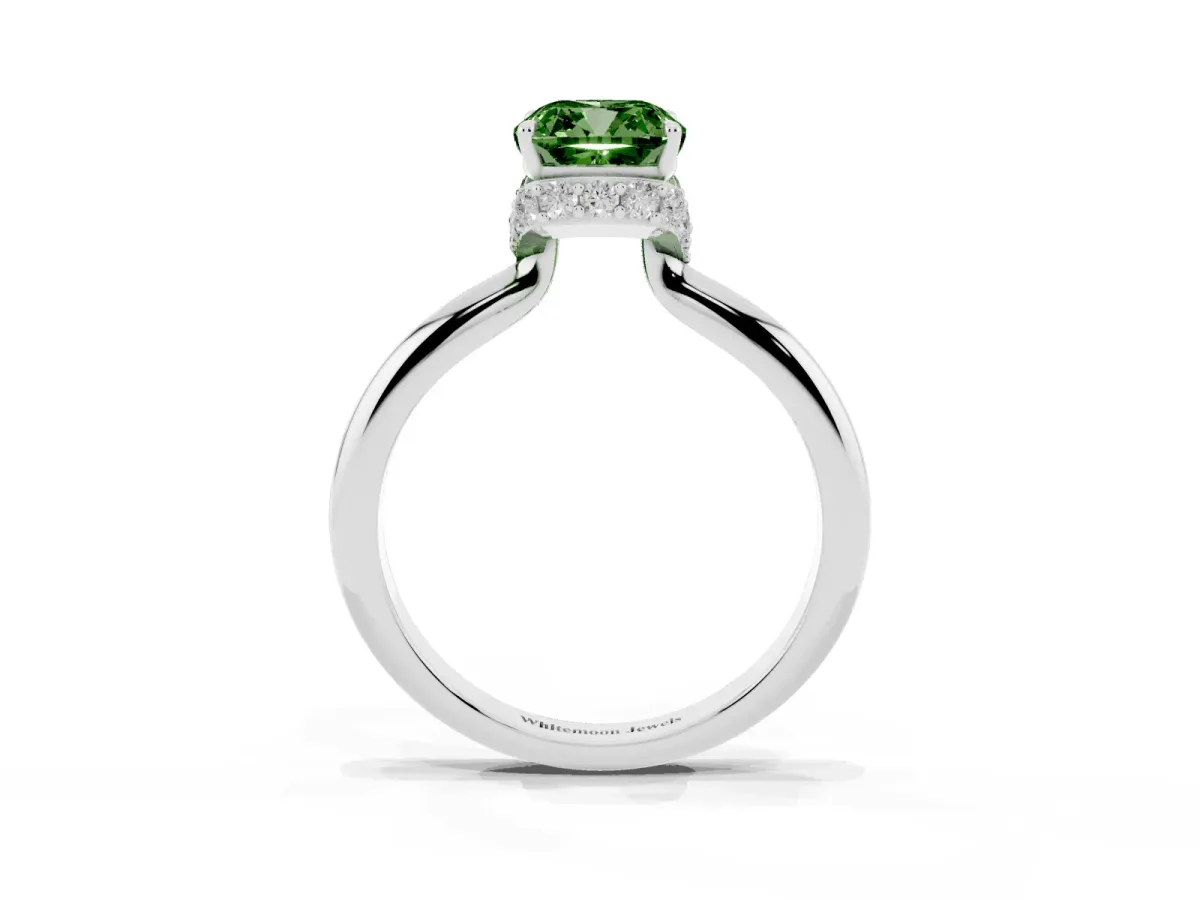Fancy Green Cushion Cut Brilliant Solitaire Engagement Ring with Six-Prong Setting and Classic Band Silver