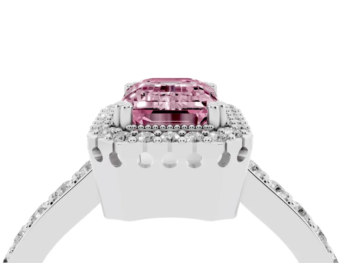 Fancy Pink Emerald Cut Cut Diamond Halo Engagement Ring with Milgrain Detail and Pavé Band White gold