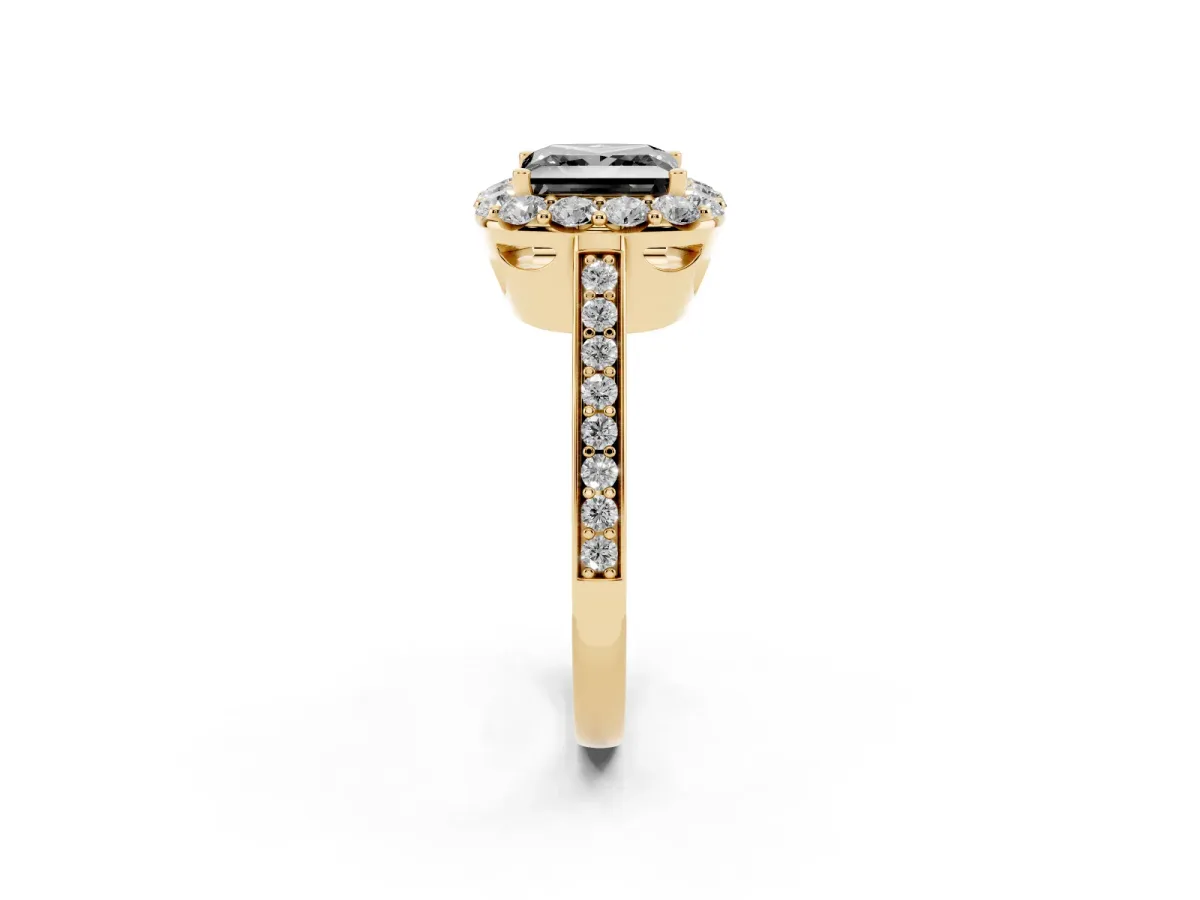 Fancy Black Princess Cut Diamond Floral Halo Ring with Pavé Band and Prong Setting Yellow gold