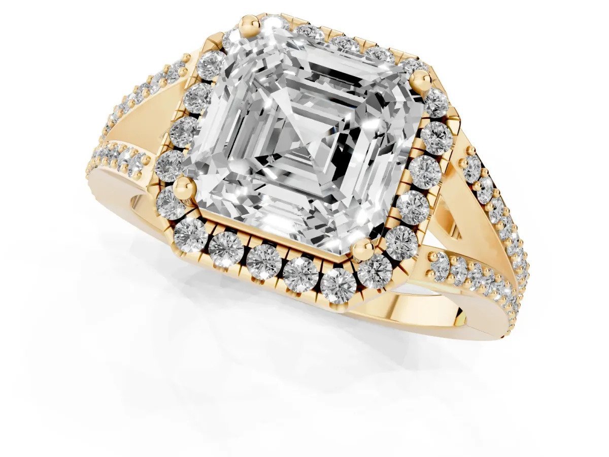 Asscher Cut Halo Split Shank Diamond Ring with Prong Setting Yellow gold
