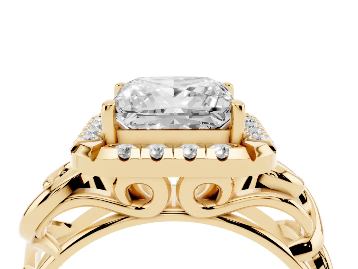 Princess Cut Cut Halo Diamond Ring with Scrollwork Band and Four-Prong Setting Yellow gold