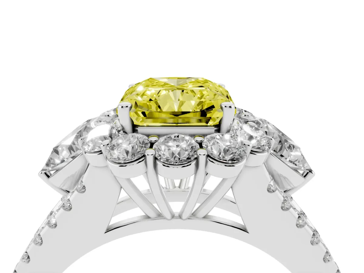 Fancy Yellow Radiant Cut Halo Split Shank Diamond Engagement Ring with Prong Setting Silver