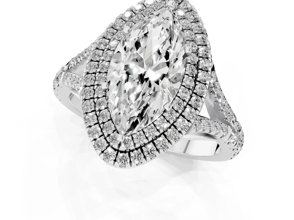 Marquise Cut Cut Double Halo Split Shank Diamond Ring with Prong Setting Silver