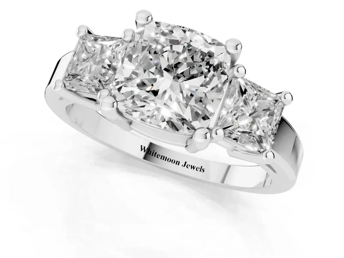 Three-Stone Cushion Cut Cut Solitaire Ring with Prong Setting Silver