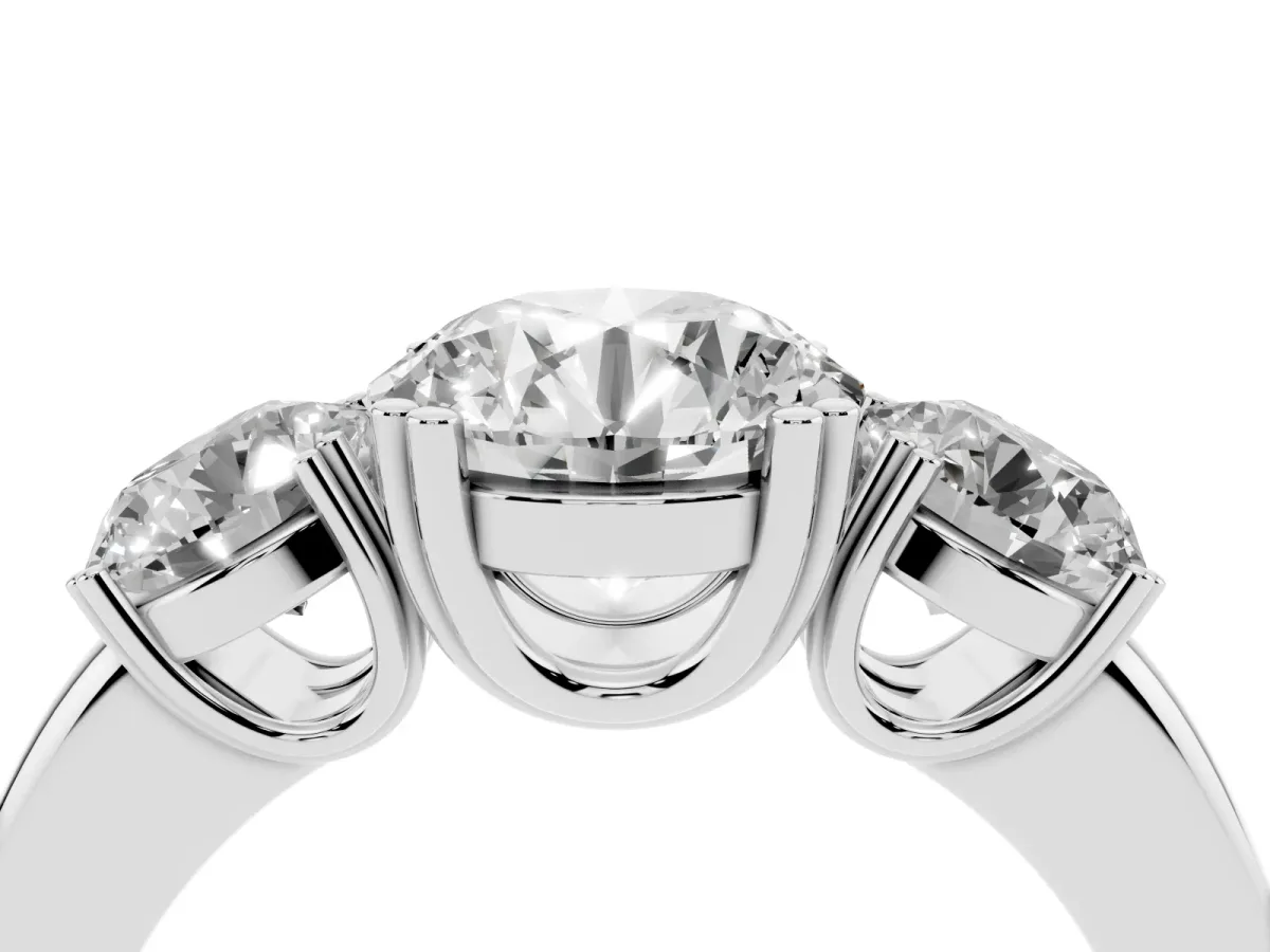 Three-Stone Round Cut Cut Diamond Ring with Channel Set Band and Four-Prong Setting Silver