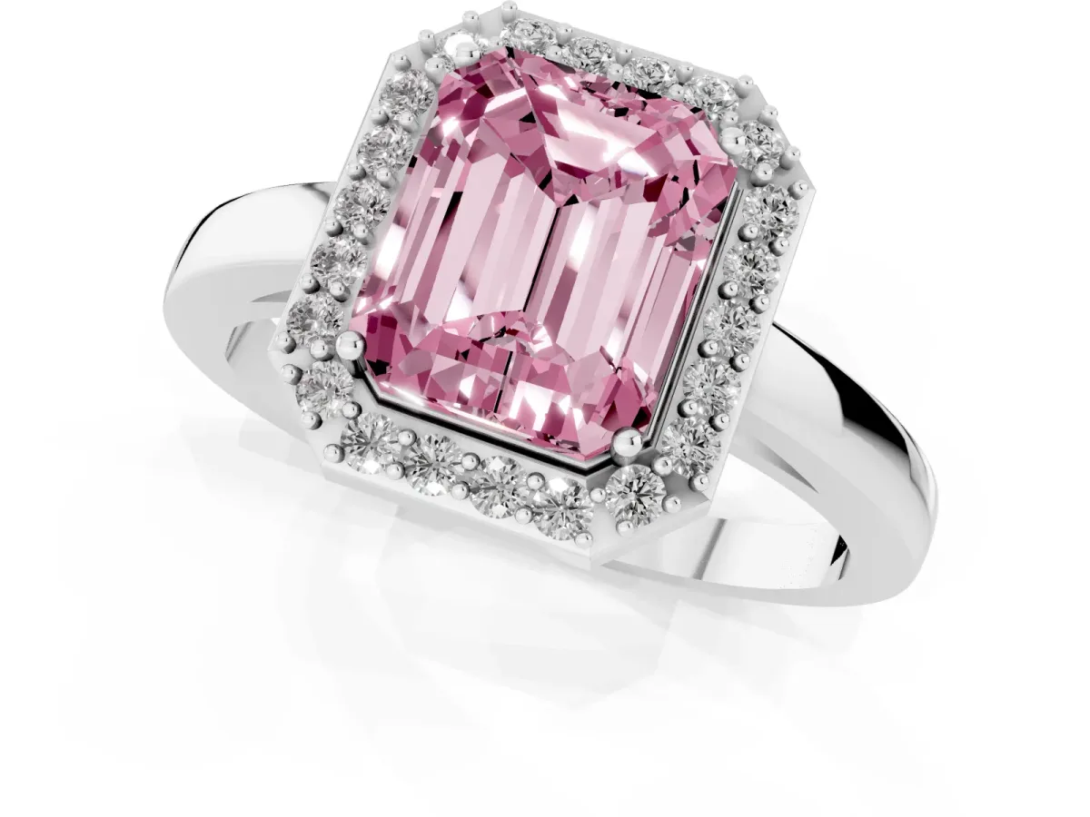 Fancy Pink Radiant Cut Halo Diamond Ring with Solitaire Band and Prong Setting Platinum