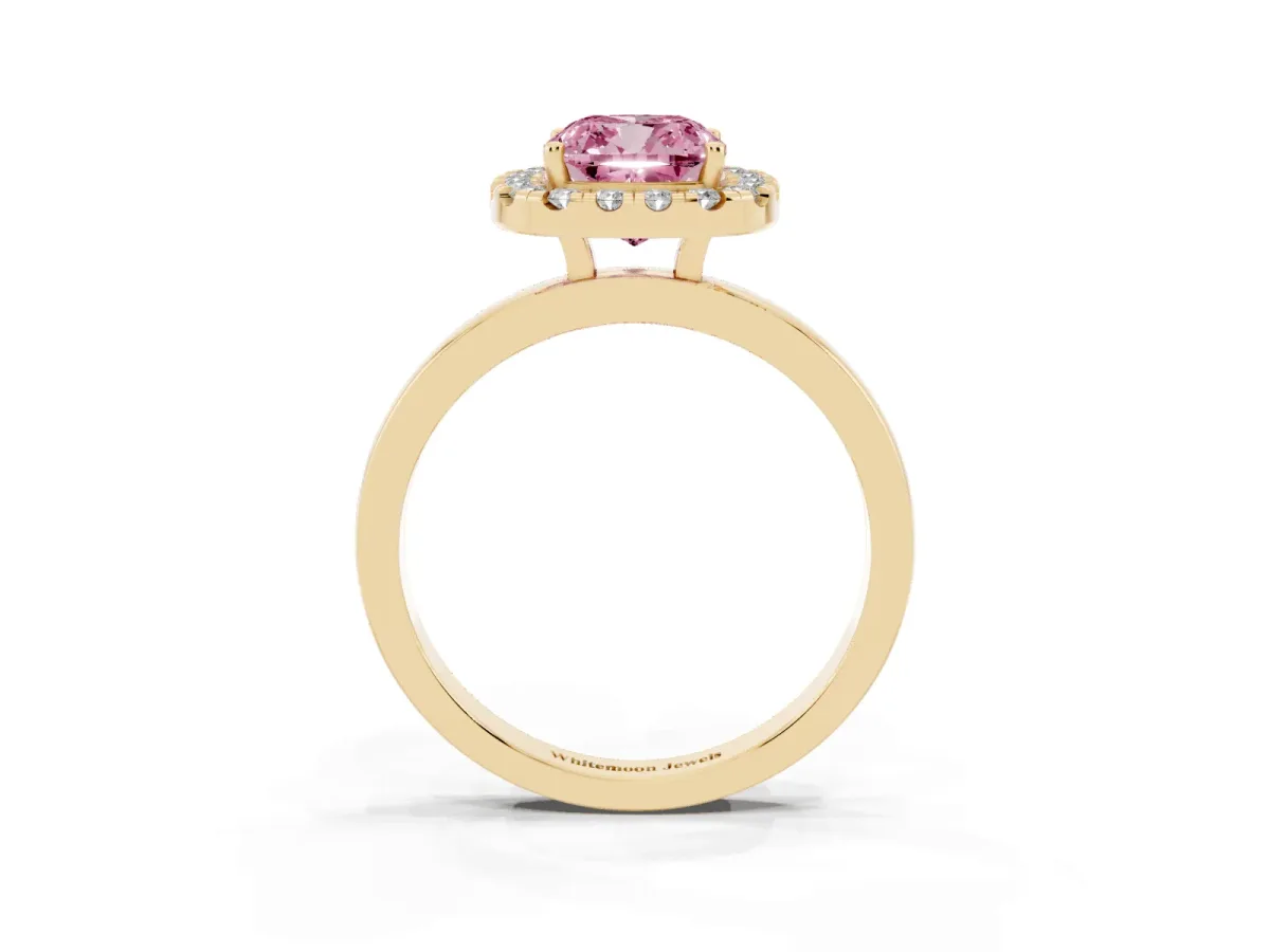 Fancy Pink Cushion Cut Halo Diamond Solitaire with Pavé Band and Four-Prong Setting Yellow gold