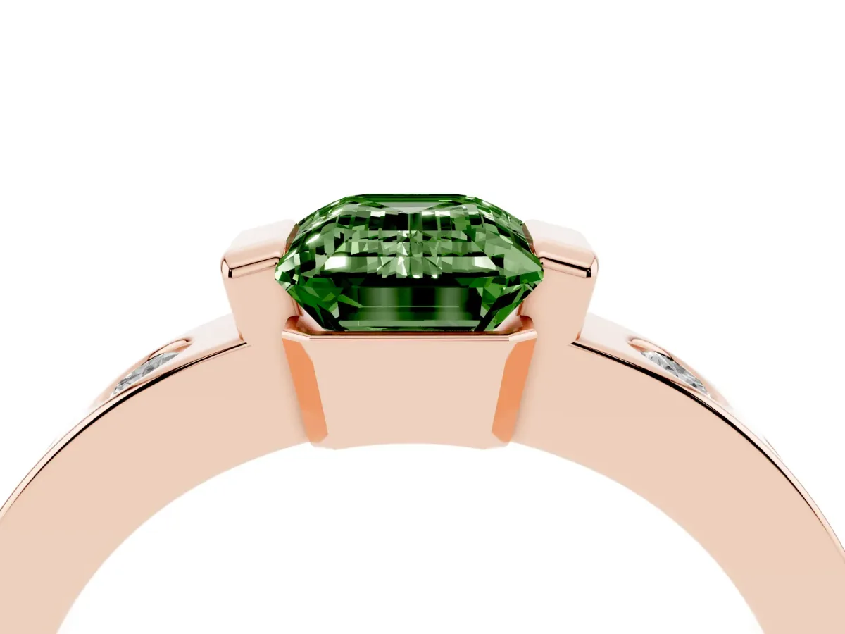 Fancy Green Emerald Cut Brilliant Channel-Set Diamond Ring with Bezel Prong Setting Rose gold