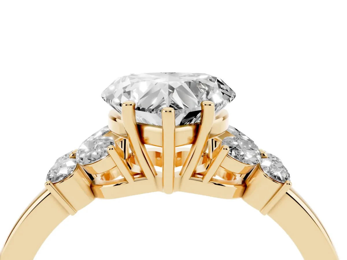Heart Cut Cut Solitaire Floral Diamond Ring with Four-Prong Setting Yellow gold