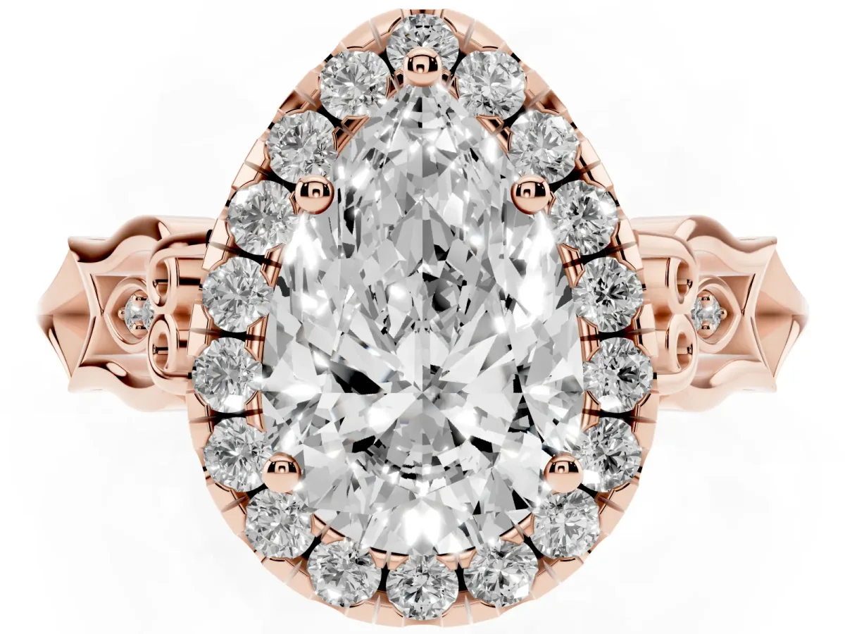 Pear Cut Halo Diamond Engagement Ring with Filigree Band and Four-Prong Setting Rose gold