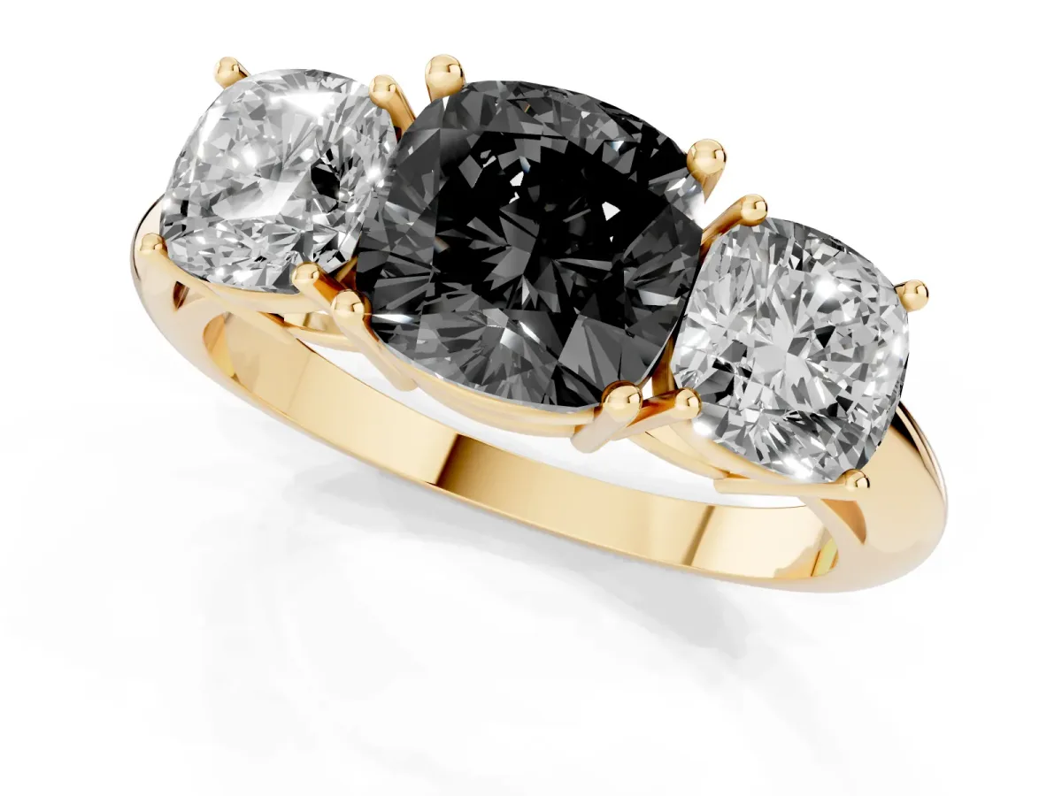 Fancy Black Three-Stone Cushion Cut Cut Diamond Engagement Ring with Prong Setting on a White Gold Band Yellow gold