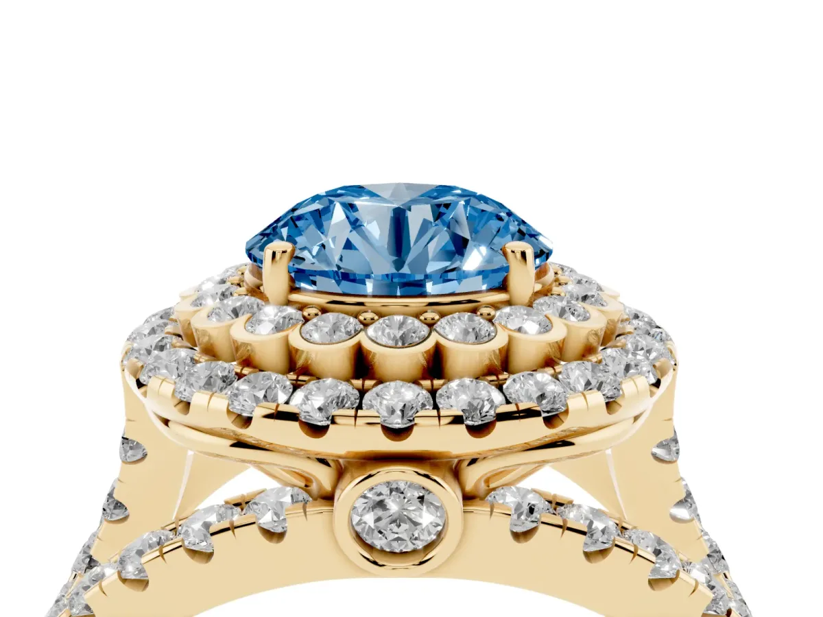 Fancy Blue Round Cut Diamond Double Halo Ring with Round Pavé Split Shank and Prong Setting Yellow gold