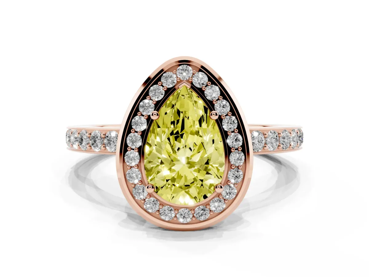 Fancy Yellow Pear Cut Diamond Halo Ring with Bezel Frame and Pavé Band Rose gold